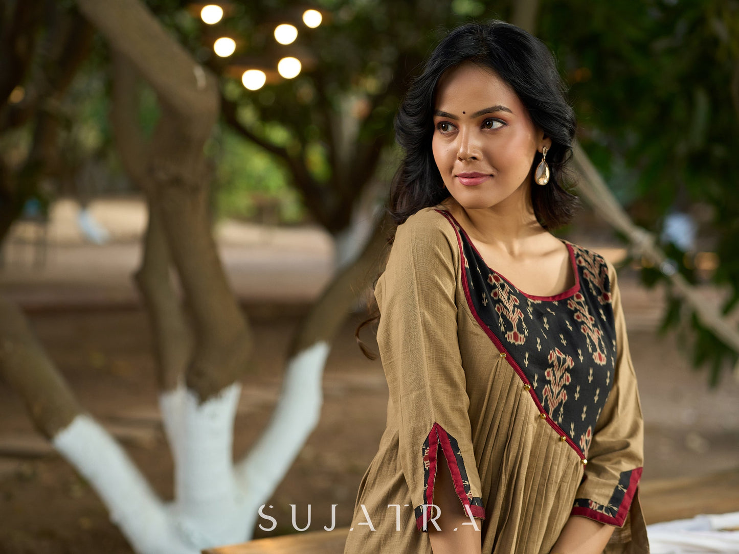 Timeless Beige Cotton Kurta Featuring Ajrakh Asymmetrical Yoke