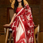 Pure silk saree in red with bold hand-painted abstract artistry