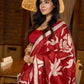 Pure silk saree in red with bold hand-painted abstract artistry