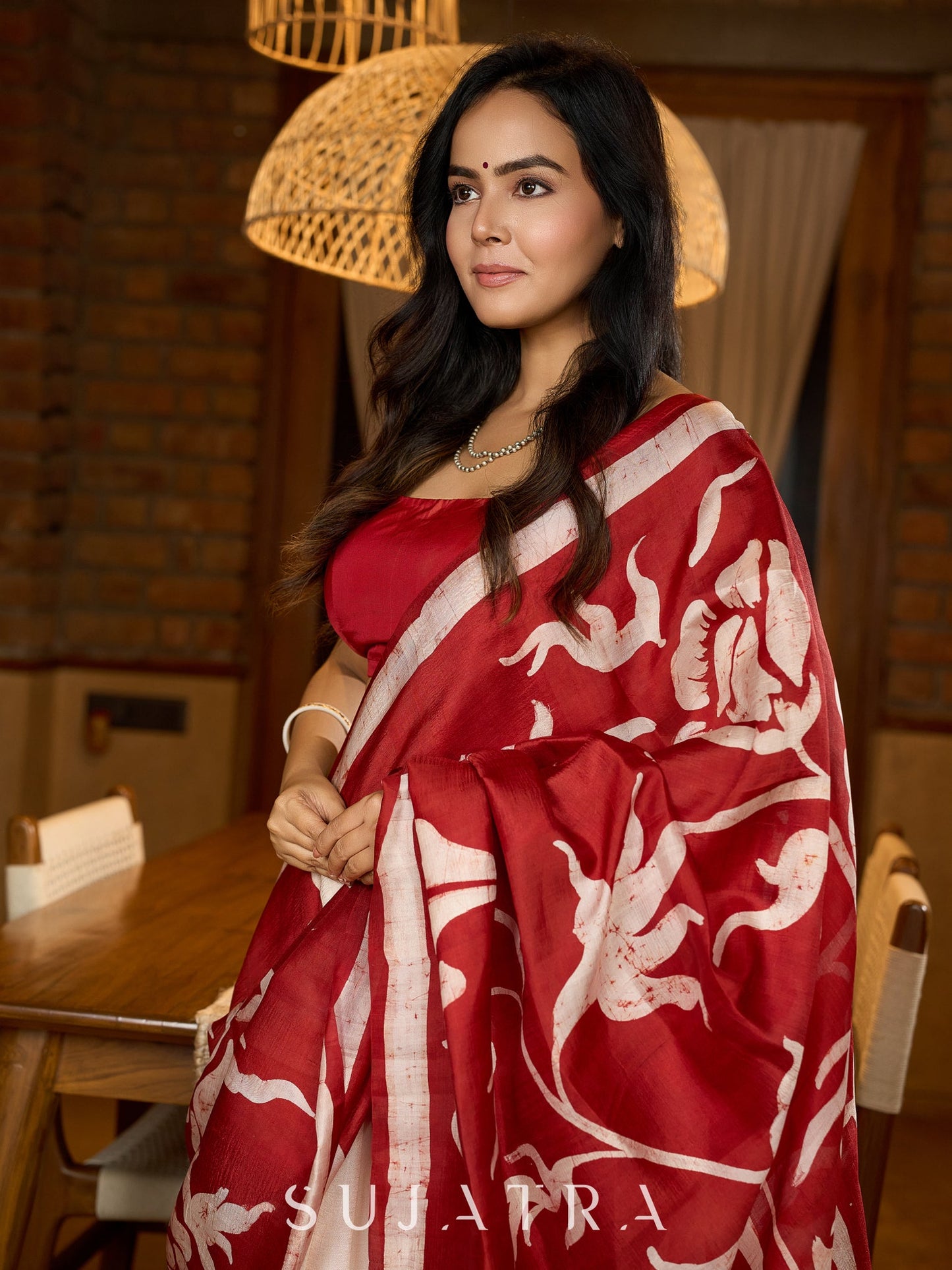 Pure silk saree in red with bold hand-painted abstract artistry