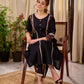 Bold Black Cotton Kurta with Contrast Floral Sleeve Cuffs and Stripe Border Detail