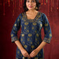 Indigo Ajrakh Kurta with Subtle Embroidered Neckline & Sleeves
