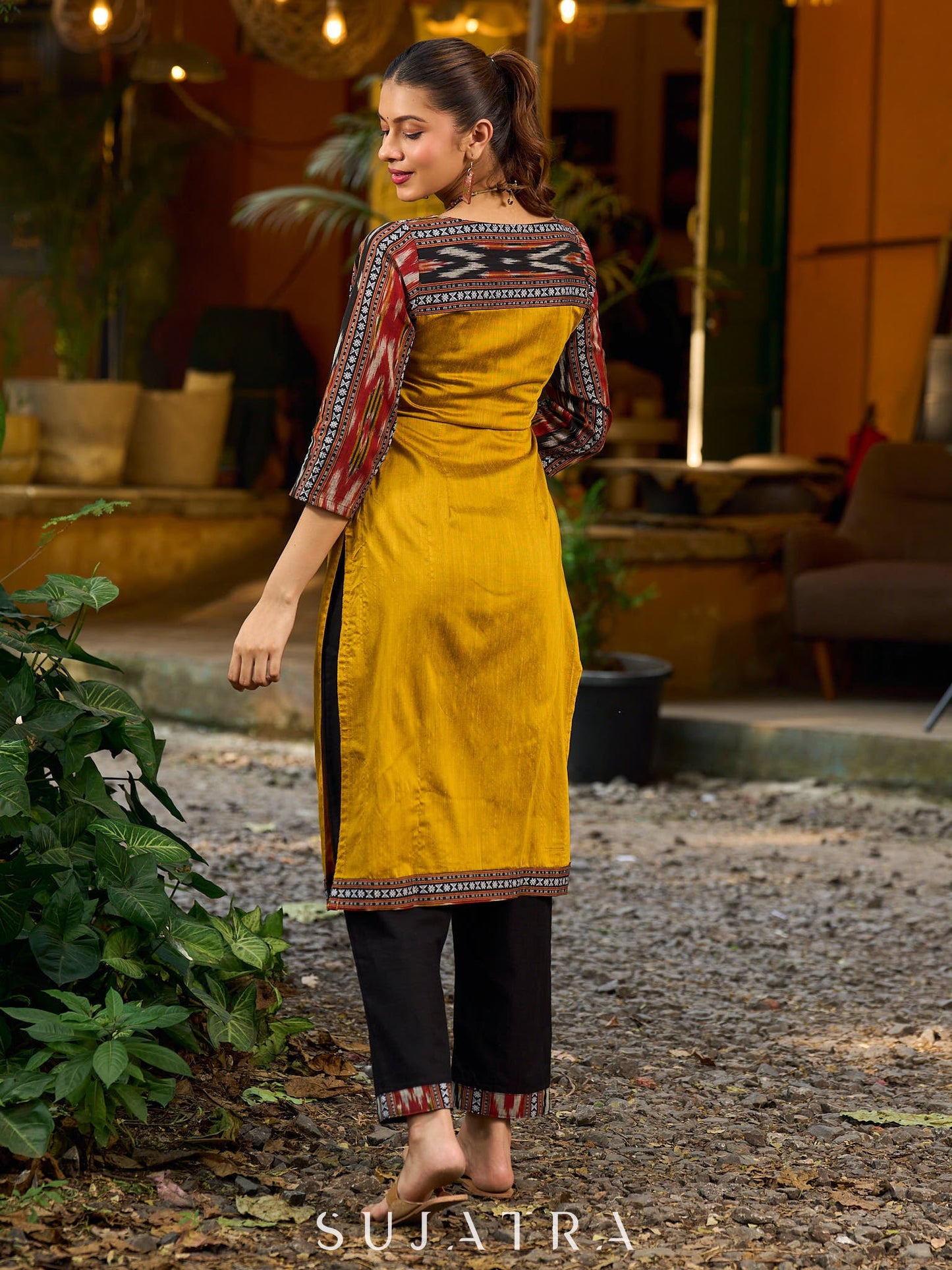 Stunning mustard cotton-silk kurta highlighted with black Ikat