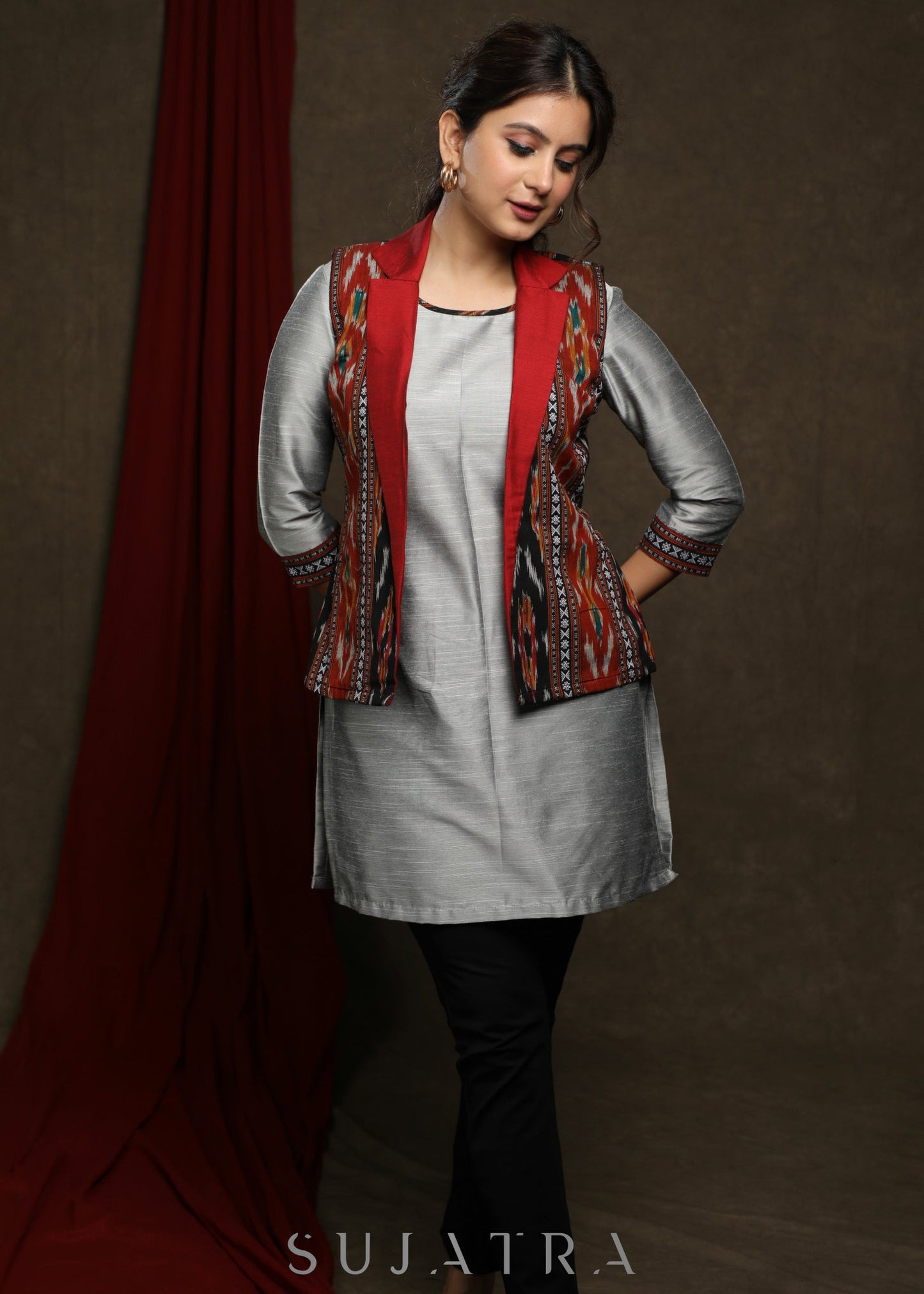 Exclusive Multi color Cotton Ikat Jacket- Grey Cotton silk Tunic Optional
