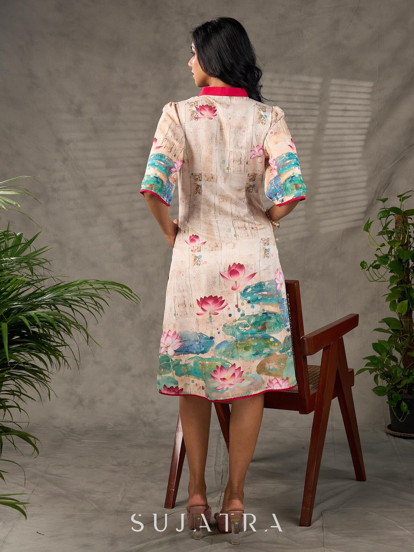 Pichwai-inspired off white lotus print dress with pink accents.
