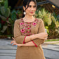 Sophisticated Beige Cotton Kurta Adorned with Contrasting Floral Thread Hand Embroidery