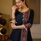 Sleek Black Cotton Silk Top Adorned with Ikat Borders and Exquisite Cowrie Embellishments