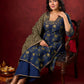 Indigo Ajrakh Kurta with Subtle Embroidered Neckline & Sleeves