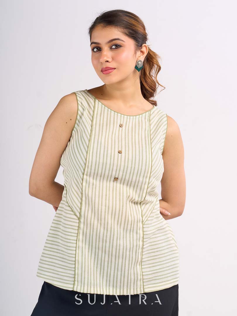 Olive Green Cotton Panelled Top with Contrast Stripe Placement