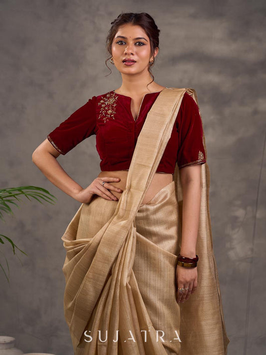 Maroon Velvet Blouse with Antique Gold Hand Embroidery
