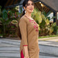 Sophisticated Beige Cotton Kurta Adorned with Contrasting Floral Thread Hand Embroidery