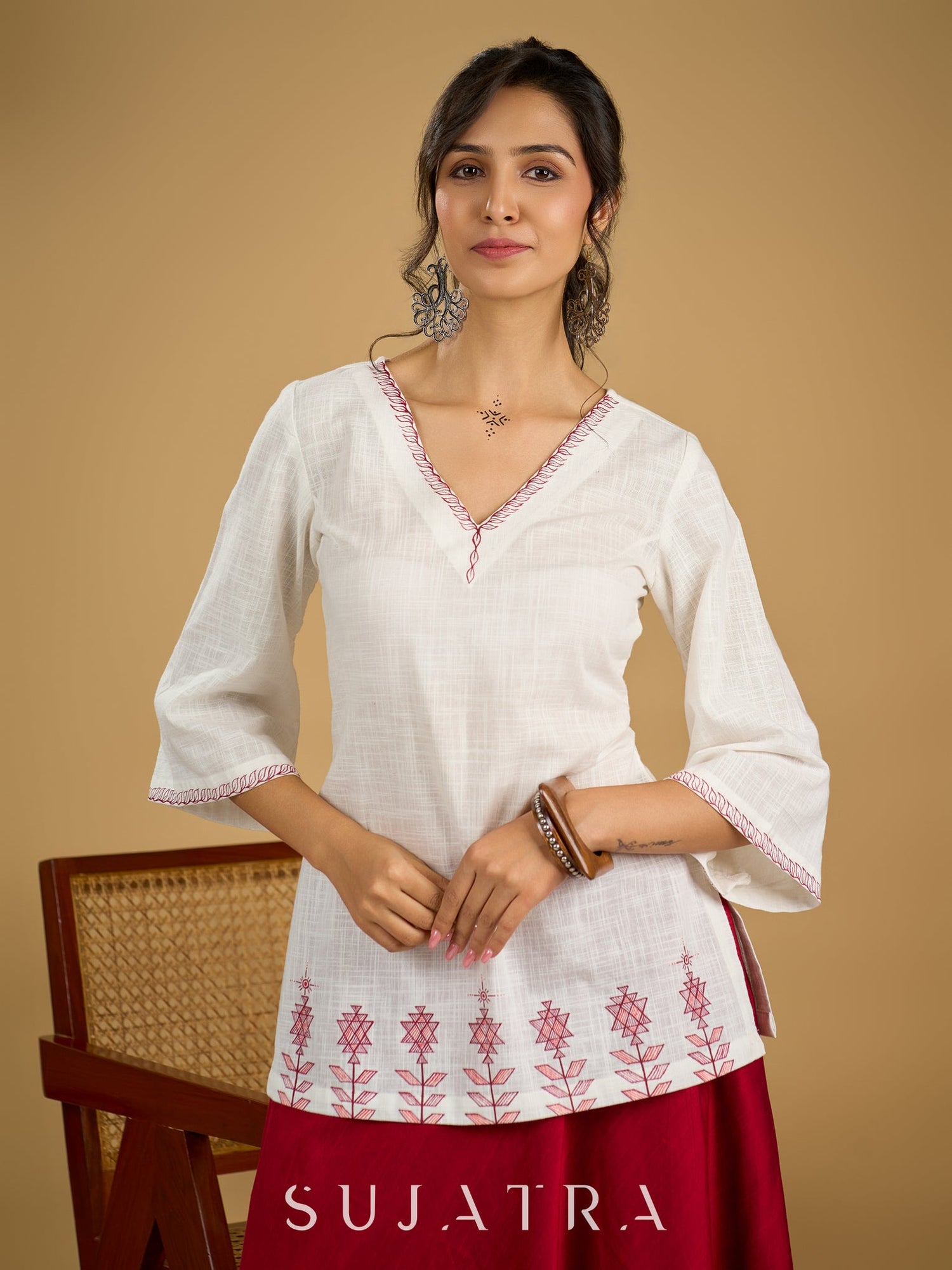 Graceful hand painted white cotton top - Skirt optional