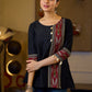 Sleek Black Cotton Silk Top Adorned with Ikat Borders and Exquisite Cowrie Embellishments