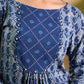 Indigo Printed Kurta with Statement Neck Patch, Flowing Gathers and Pearl Embellished Sleeves