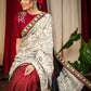 Exclusive Madhubani printed designer saree with kutch mirror work & maroon handloom cotton pleats