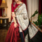 Exclusive Madhubani printed designer saree with kutch mirror work & maroon handloom cotton pleats