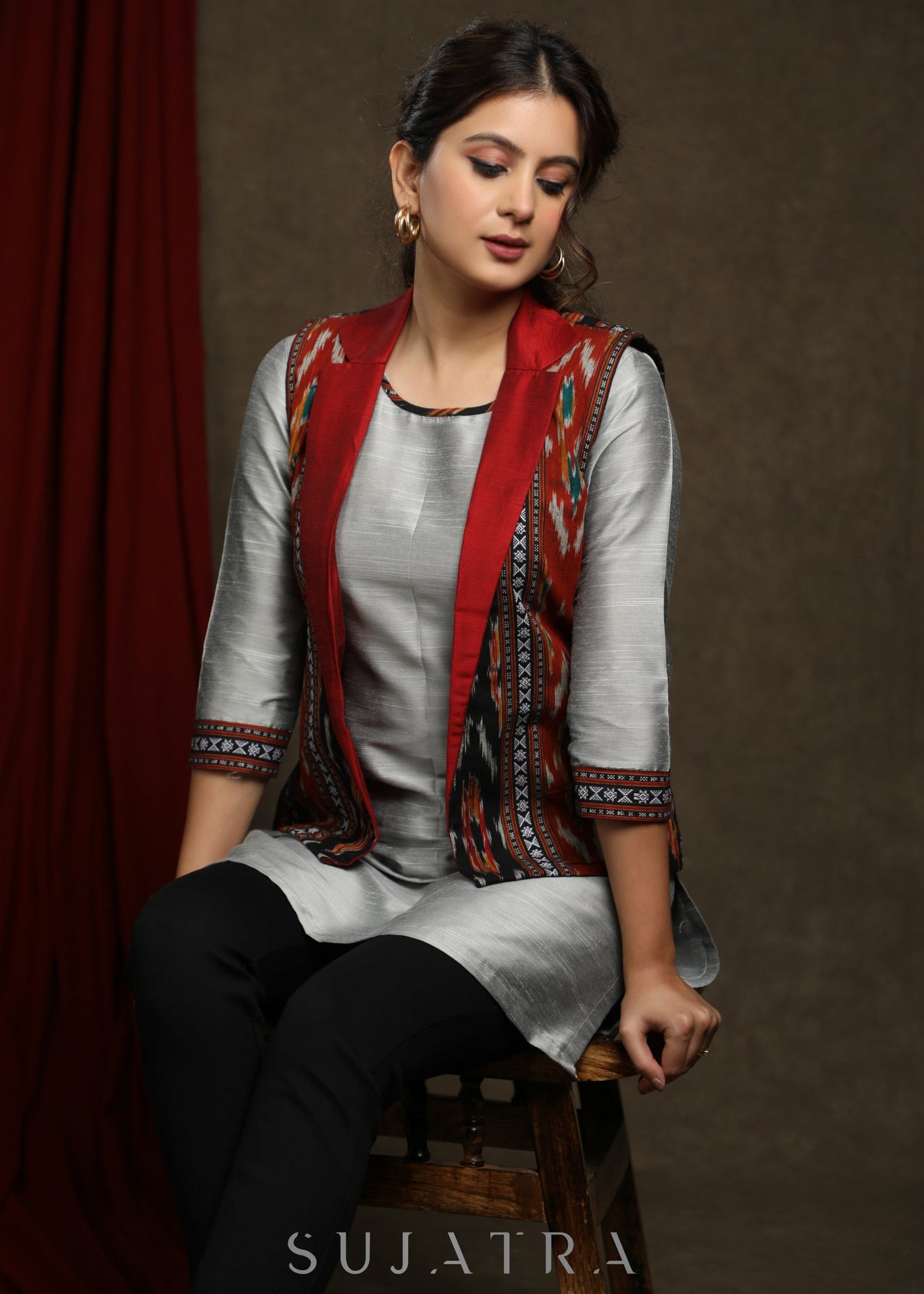 Exclusive Multi color Cotton Ikat Jacket- Grey Cotton silk Tunic Optional