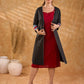 Midnight Black Dot Print Cotton Open Front Long Jacket with Indigo Geometric Printed Cuff