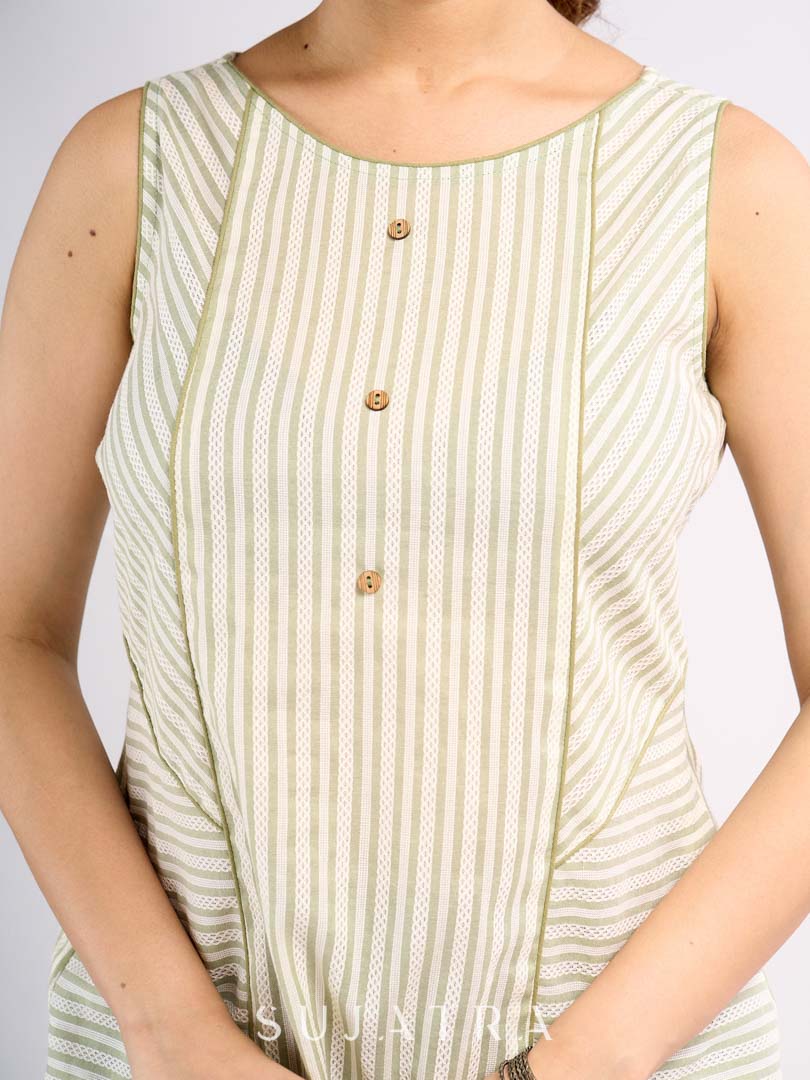 Olive Green Cotton Panelled Top with Contrast Stripe Placement