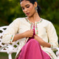 Charming Magenta Cotton Dress with Flared Hem, Ivory Highlights, and Hand-Painted Floral Neckline - Jacket Optional