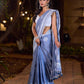 Graceful Slate Blue Cotton Saree with Delicate Floral Hand Block Print and Classic Border