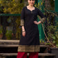 Black Cotton Kurta With Hand Block Printed Golden Border On Flare And Sleeves