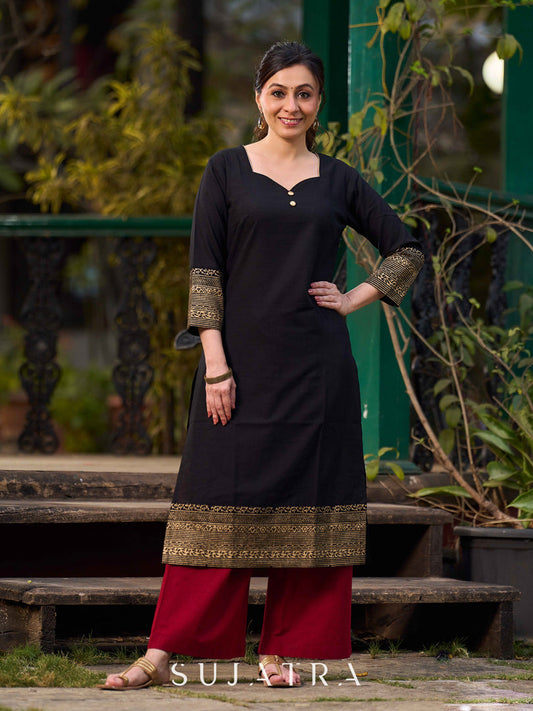 Black Cotton Kurta With Hand Block Printed Golden Border On Flare And Sleeves