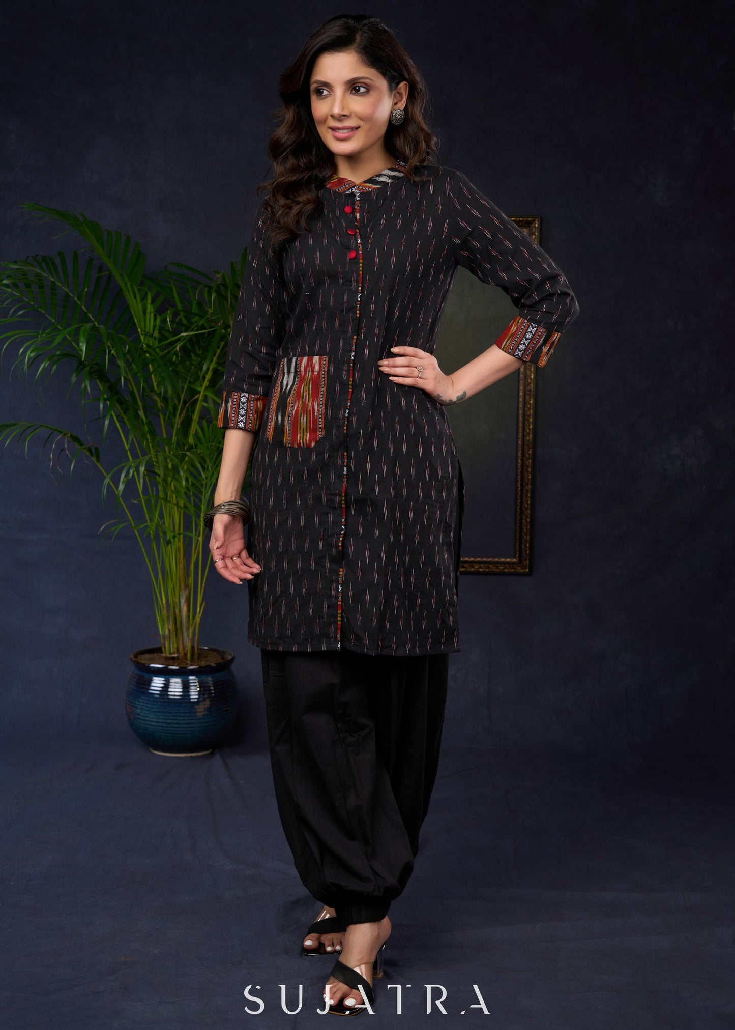 Stylish Black Cotton Ikat Tunic With Intricate Patterns - Pant Optional