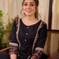 Bold Black Cotton Kurta with Contrast Floral Sleeve Cuffs and Stripe Border Detail