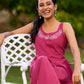 Charming Magenta Cotton Dress with Flared Hem, Ivory Highlights, and Hand-Painted Floral Neckline - Jacket Optional
