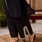 Bold Black Cotton Kurta with Contrast Floral Sleeve Cuffs and Stripe Border Detail