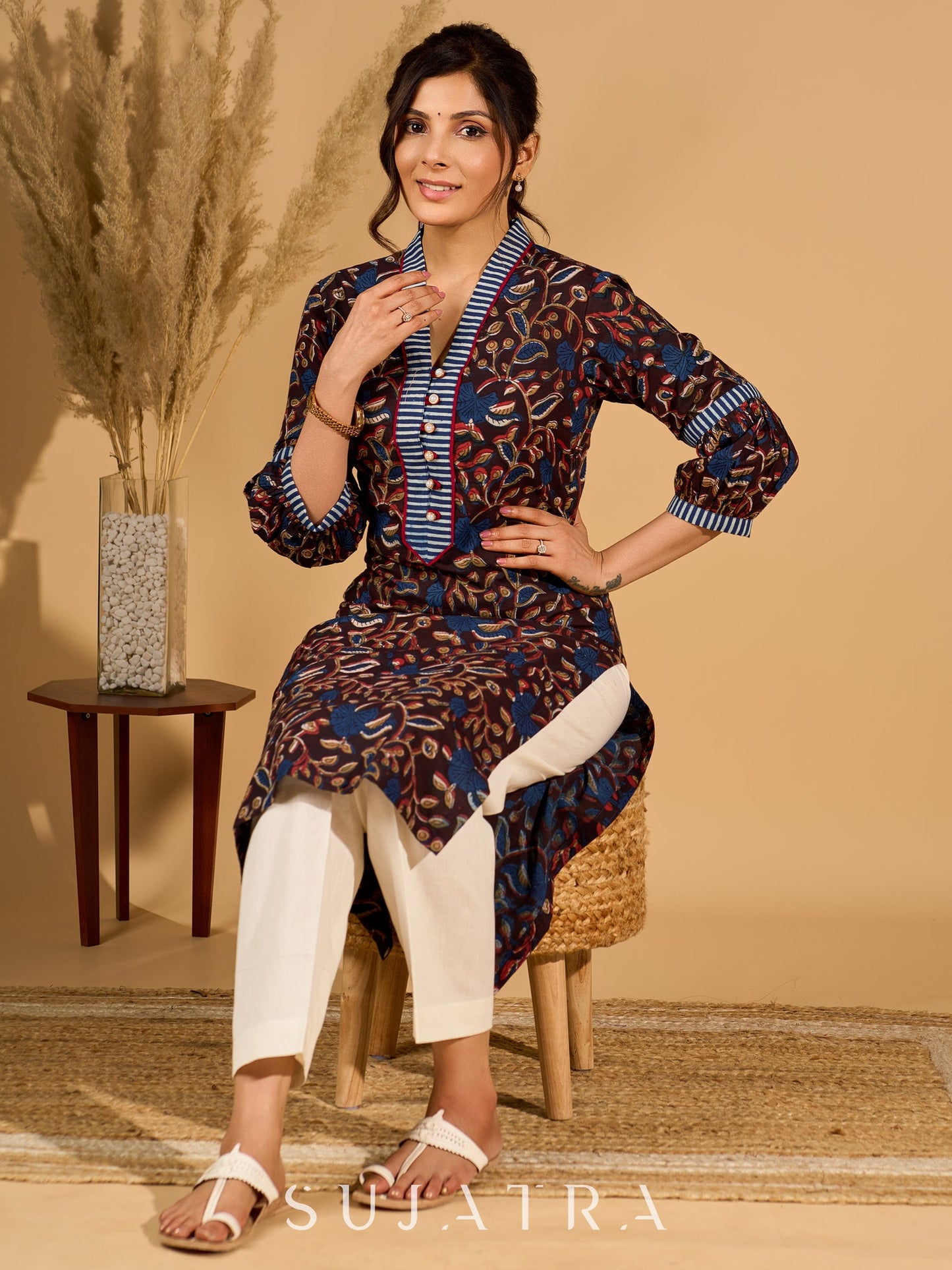Bliss Black Kurta with Indigo Placket and Statement Sleeves