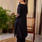 Bold Black Cotton Kurta with Contrast Floral Sleeve Cuffs and Stripe Border Detail