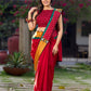 Crimson Cotton Jacquard Saree with Mustard & Red Bandhani Accents