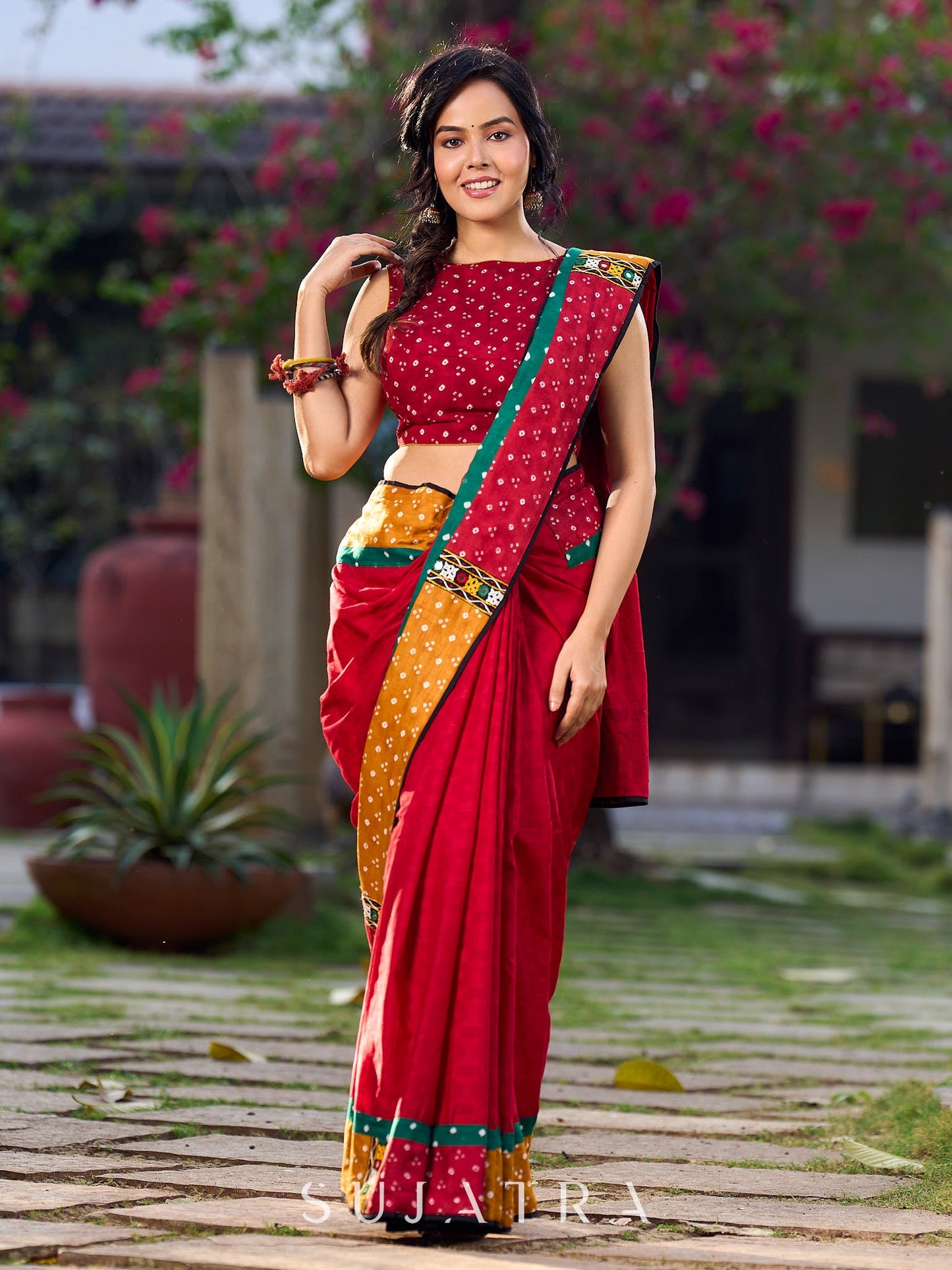 Crimson Cotton Jacquard Saree with Mustard & Red Bandhani Accents