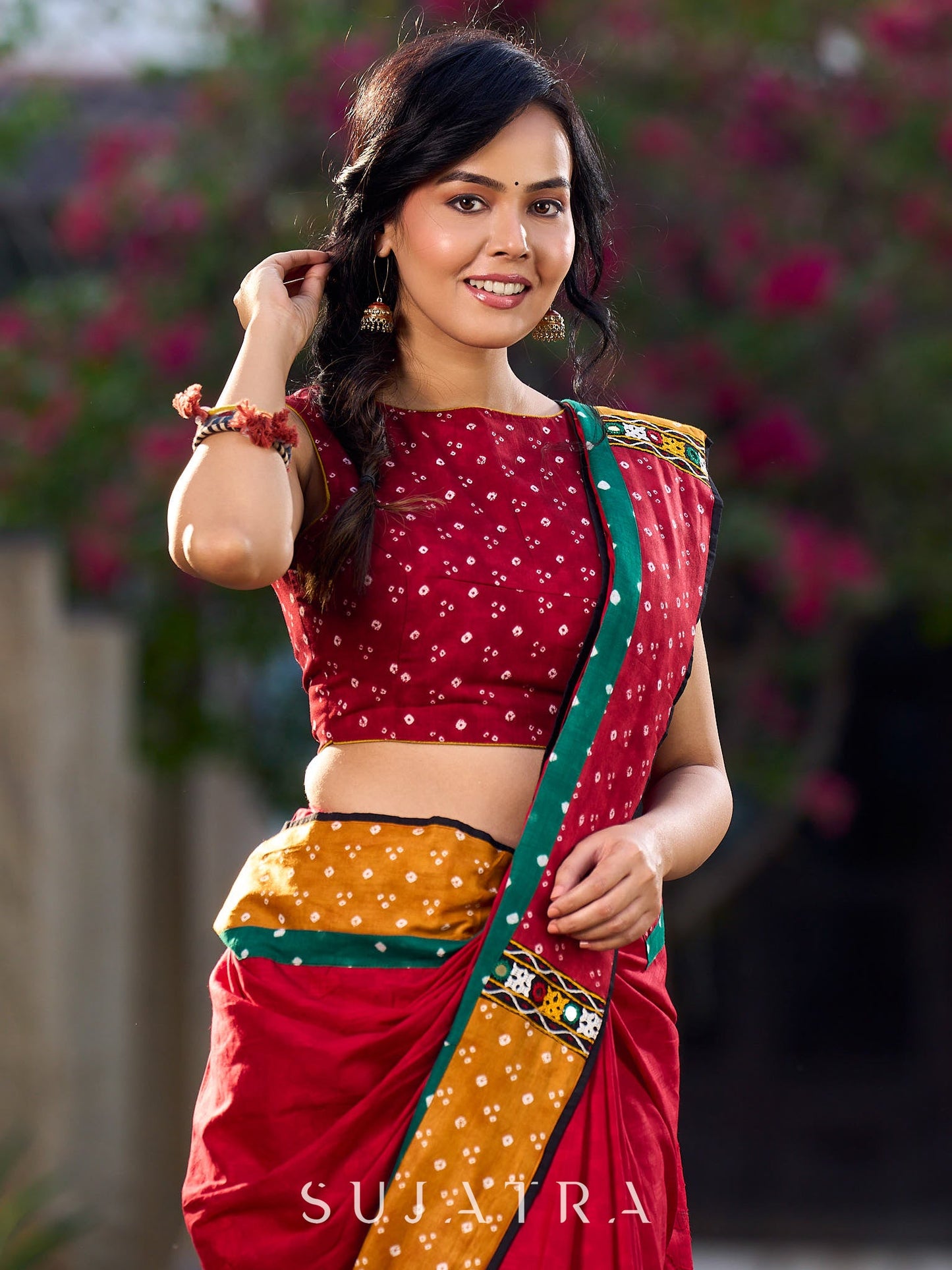 Crimson Cotton Jacquard Saree with Mustard & Red Bandhani Accents