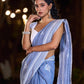 Graceful Slate Blue Cotton Saree with Delicate Floral Hand Block Print and Classic Border