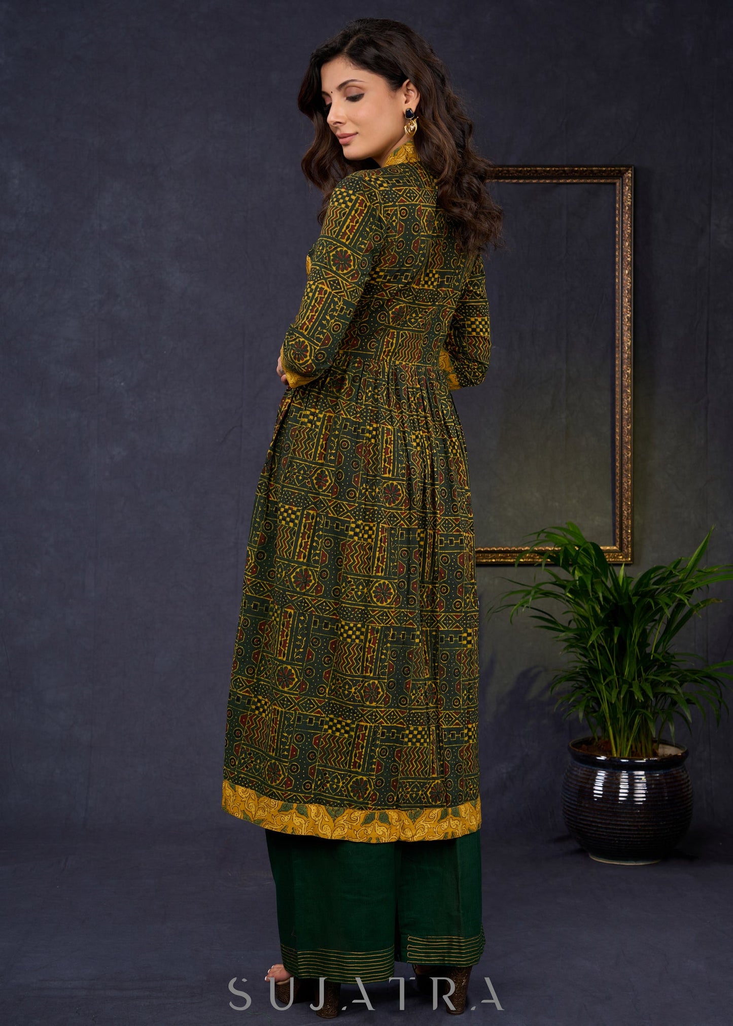 Smart-Bottle-Green-Cotton-Ajrakh-Combination-A-Line-Kurta--Pant-Optional