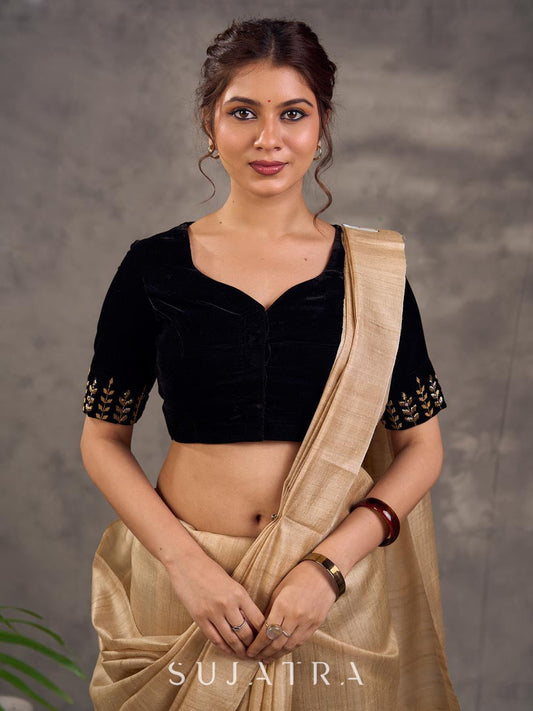 Ebony Black Velvet Sweetheart Neck Blouse with Gold Hand Embroidery