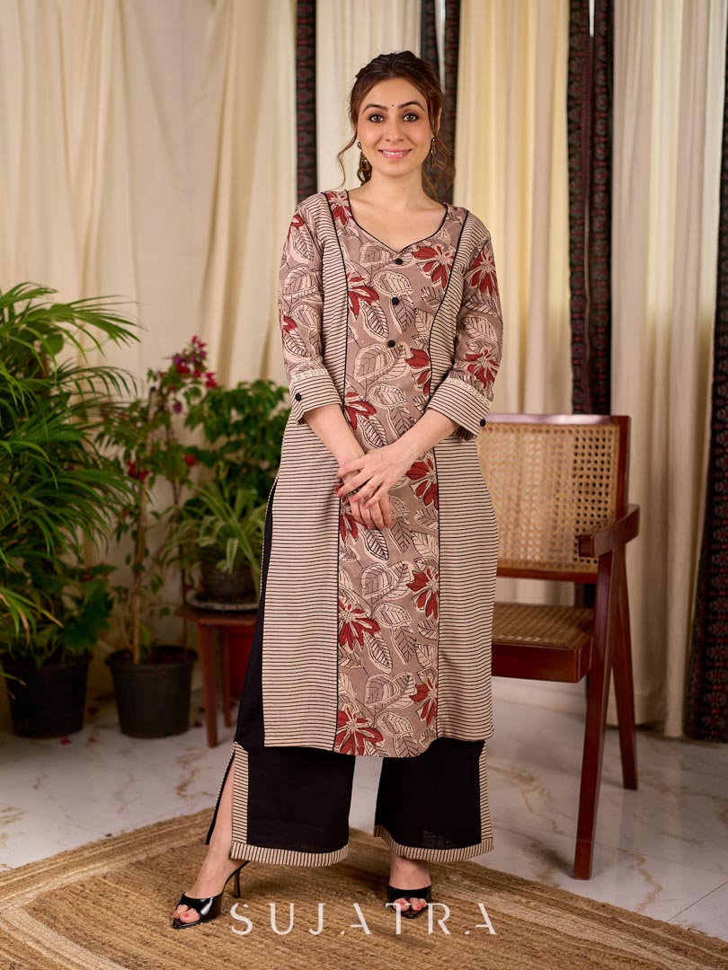 Earthy Beige Floral Leaf Print Cotton Kurta with Contrast Black Striped Panel