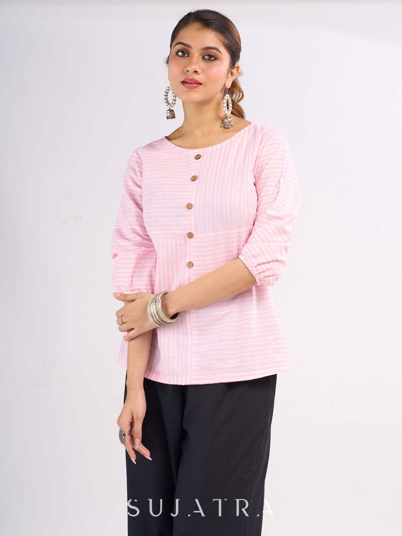 Blush Pink Cotton Modern Top with Asymmetric Stripe Layout