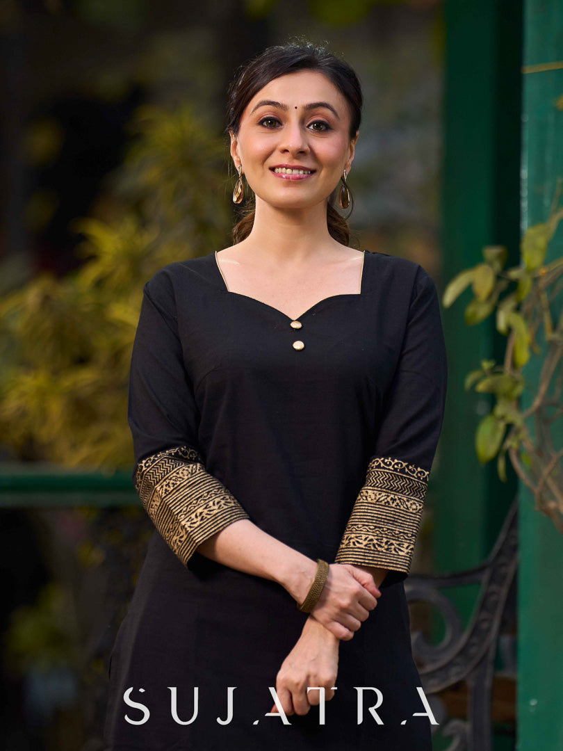 Black Cotton Kurta With Hand Block Printed Golden Border On Flare And Sleeves