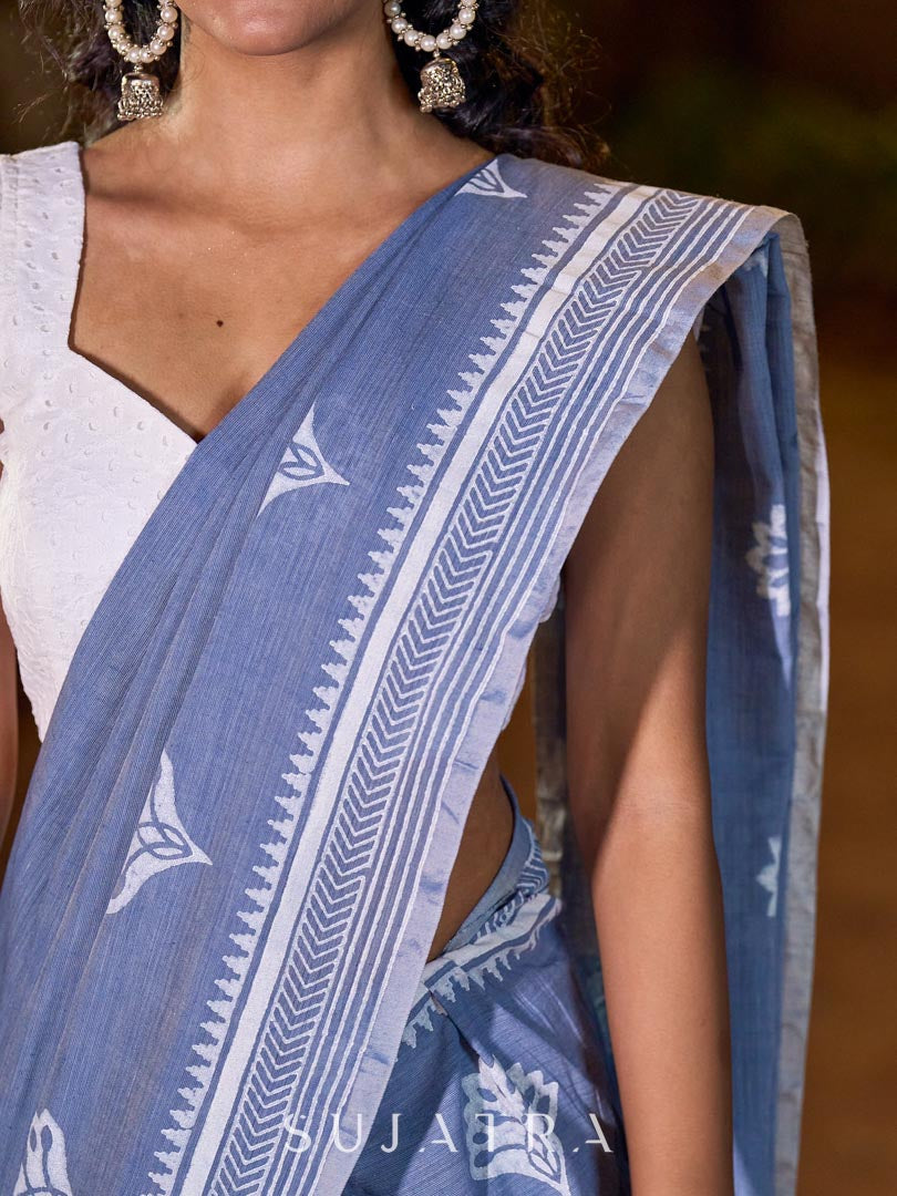 Graceful Slate Blue Cotton Saree with Delicate Floral Hand Block Print and Classic Border