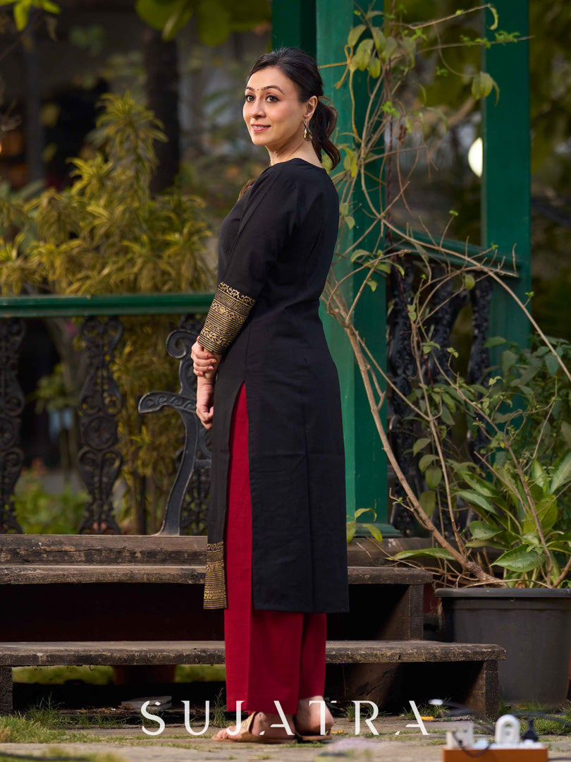 Black Cotton Kurta With Hand Block Printed Golden Border On Flare And Sleeves