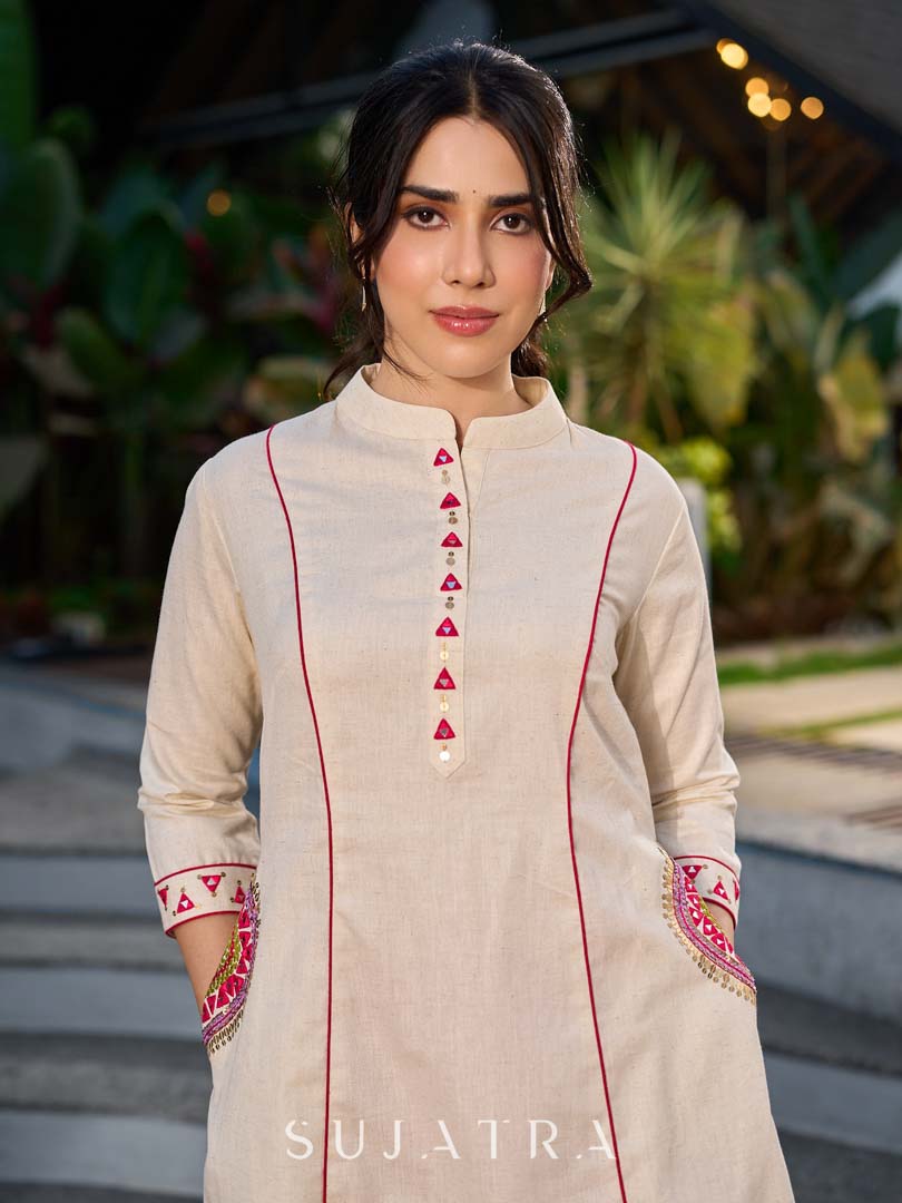 Elegant Off White Cotton A-Line Kurta with Traditional Mirror Work