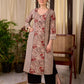 Earthy Beige Floral Leaf Print Cotton Kurta with Contrast Black Striped Panel