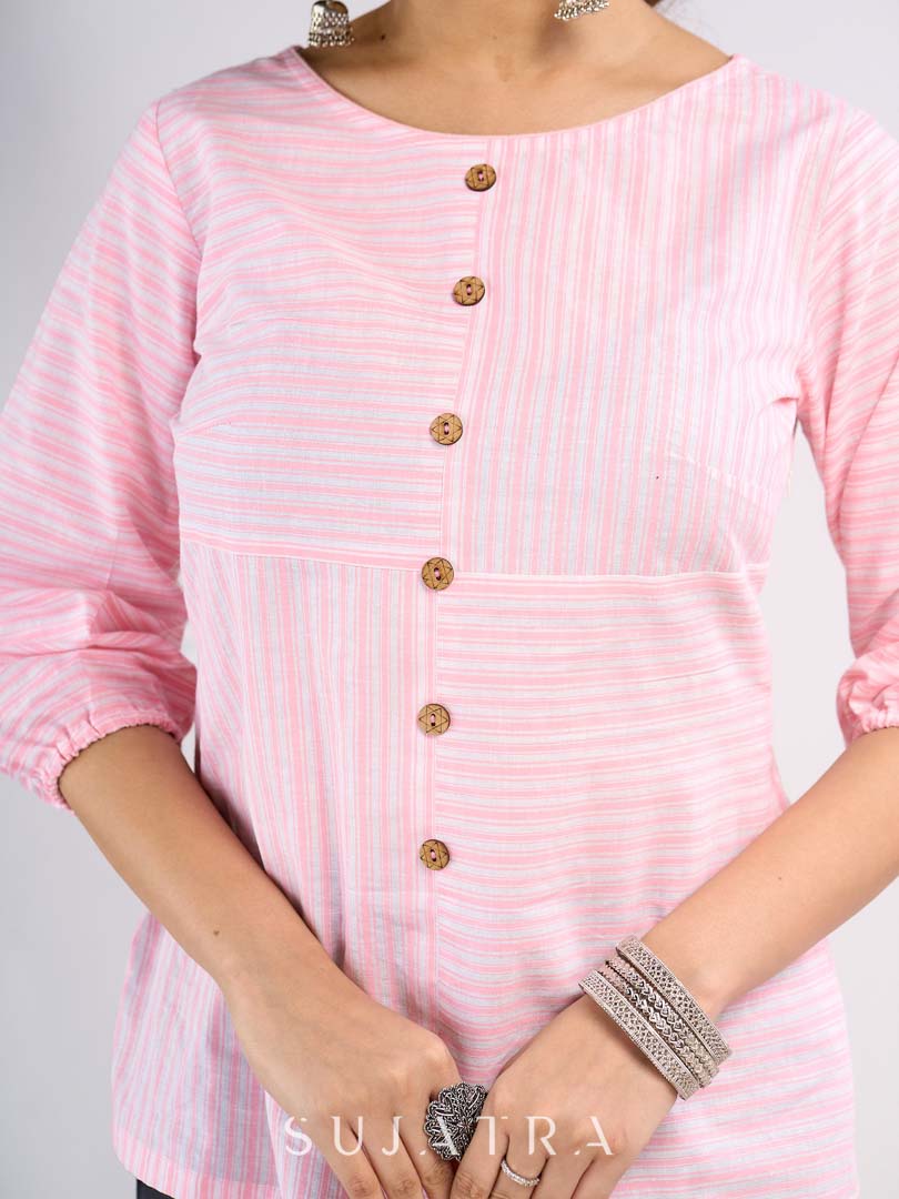 Blush Pink Cotton Modern Top with Asymmetric Stripe Layout