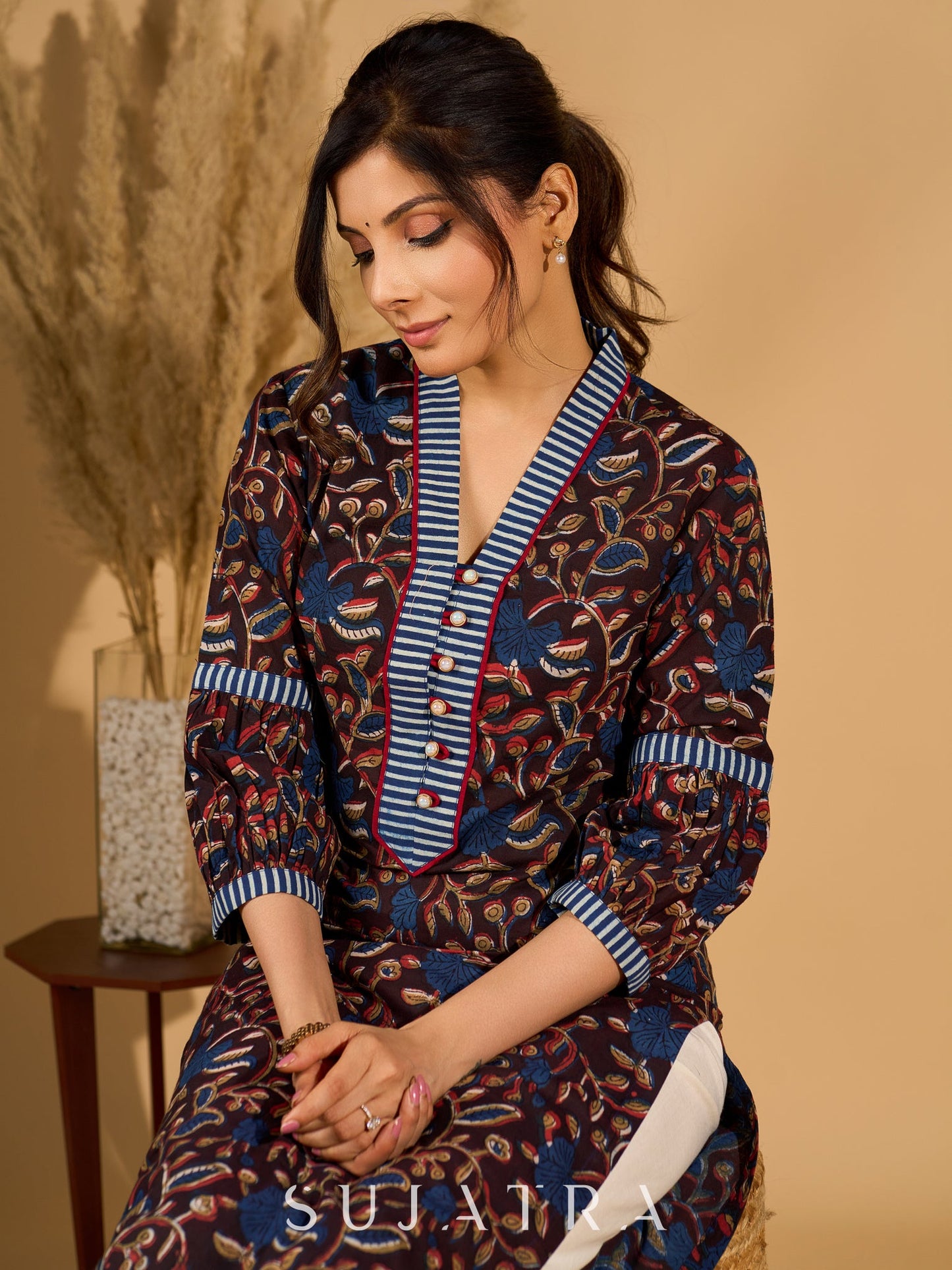 Bliss Black Kurta with Indigo Placket and Statement Sleeves