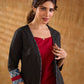 Midnight Black Dot Print Cotton Open Front Long Jacket with Indigo Geometric Printed Cuff