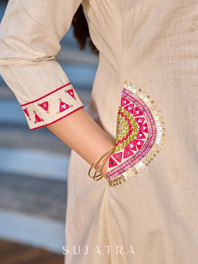 Elegant Off White Cotton A-Line Kurta with Traditional Mirror Work